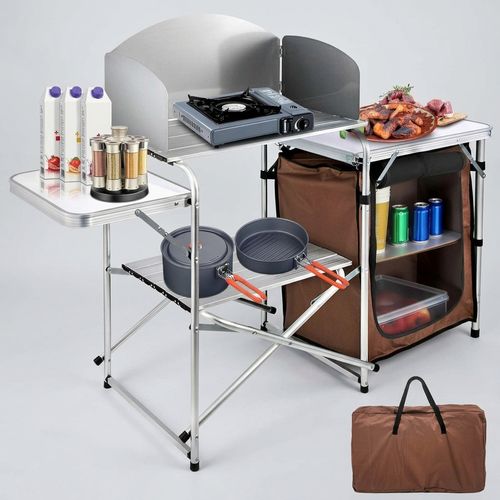 Camping Kitchen Table, Aluminum Portable Folding Camp Cook Station with Windscreen, Cupboard…