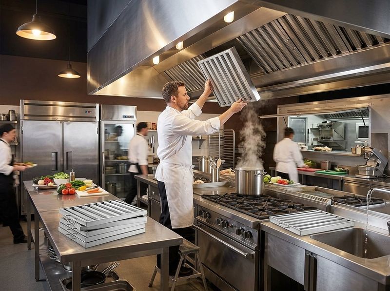 Stack of 6 stainless hood filter baffles in commercial kitchen