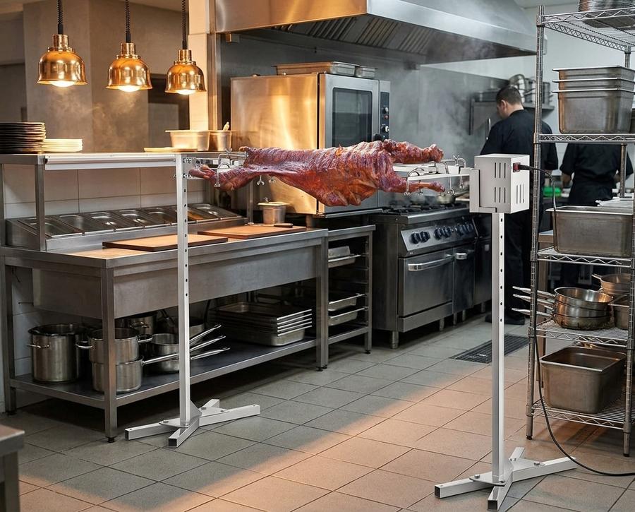 46 inch BBQ rotisserie under outdoor canopy