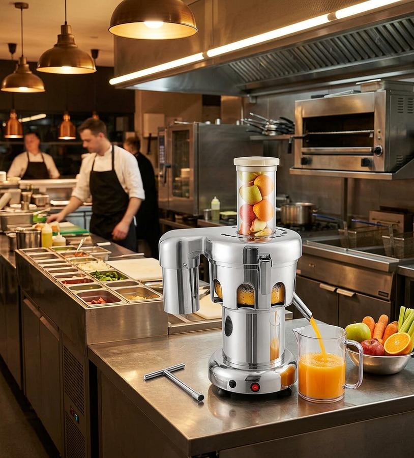 Commercial juicer extracting celery and carrots
