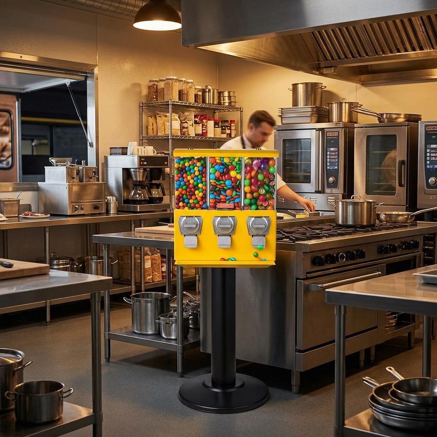 Triple-head candy vending machine on concession floor