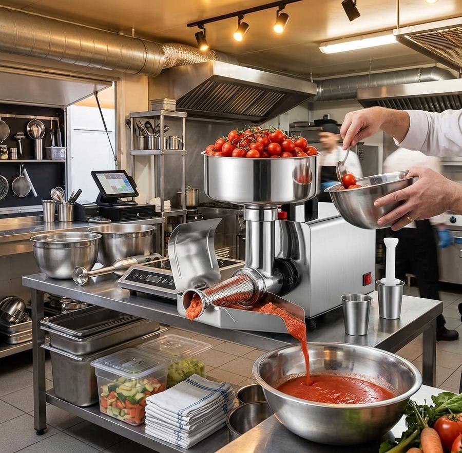370 W tomato strainer extracting sauce into stainless bowl