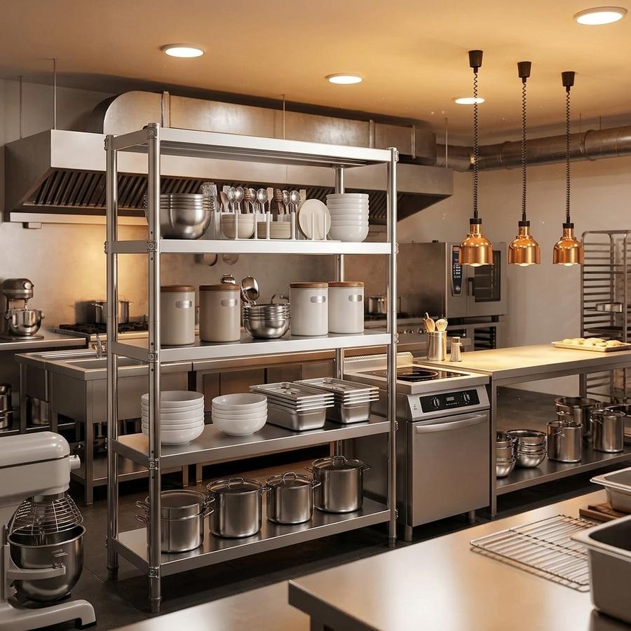 5-tier stainless shelving in food-truck galley